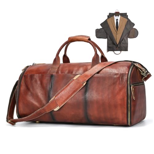 Genuine Leather Convertible Garment Duffle Bag for Men, 2 in 1 Suit Travel Bag with Shoe Compartment, Business Trip Weekender Overnight Bag, Brown - color: 01 Wiped Coffee Brown