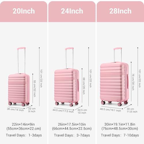 Kono 3-Piece Luggage Set 20/24/28in Expandable Hardside TSA Lock Pink - color: Pink, size: 3-piece set (20/24/28)