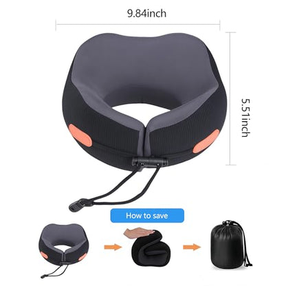 Travel Pillow, Memory Foam Neck Pillow for Airplanes, Includes Eye Mask & Ear Plugs, Ergonomic Design, 360° Support Stowable Pillows for Plane, Car, Train and Home, Black