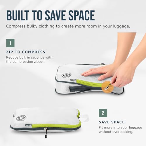 TRIPPED Travel Gear Large Compression Packing Cubes 7-Piece Set for Travel - color: White/Green
