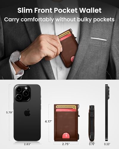 Wallet for Men Card Holder: Pop Up Card Case, Genuine Leather, Smart, RFID Blocking, Slim, Minimalist, Thin, Front Pocket - 12 Card Capacity, ID Window, Money Clip (Brown) - color: Brown