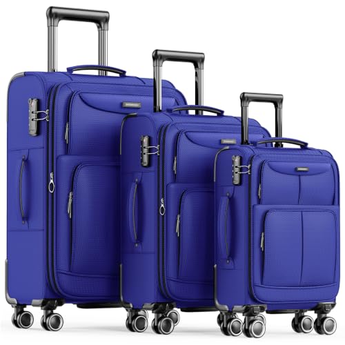 SHOWKOO Luggage Sets 3 Piece Softside Expandable Durable Suitcase Sets | Durable Oxford Fabric; Lightweight; 360°Double Spinner Wheels; TSA Lock; YKK Zippers; Royal Blue (20in/24in/28in) - color: Royal Blue