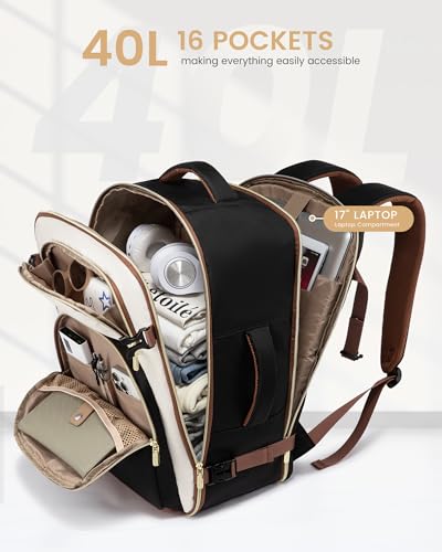 LOVEVOOK Travel Backpack for Women, 40L Airline Approved Carry On Backpack Luggage with 3 Packing Cubes, TSA Personal Item Travel Bag, Waterproof Weekender Backpack Fits 17.3" Laptop - color: Black - Beige White - Chestnut Brown, size: Large-40L-4Pcs