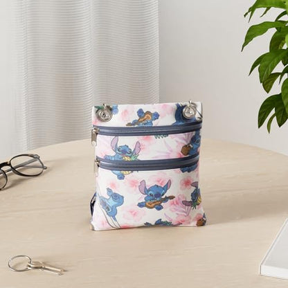 Disney Passport Bag Crossbody Mickey Minnie Eeyore Stitch Cheshire Print - color: Blue Pink