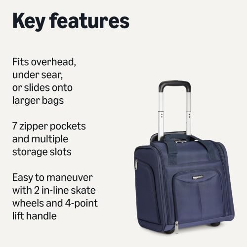 Amazon Basics Underseat Carry-On Luggage with Wheels and Handle, 14" Rolling Travel Bag, Fits Overhead Bins, Organized Compartments, Navy - color: Navy