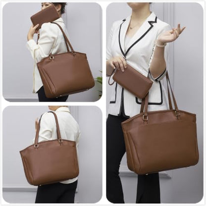 YZAOLL Large Soft Purse for Women Tote Bag Work Satchel Handbag Wallet Set - color: Darkbrown