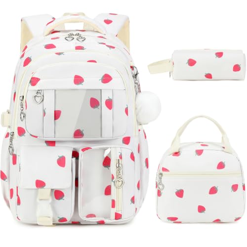 Backpack for Girls, Girls Backpack with Lunch Box & Pencil Case Set, 3PCS Kids Bookbag for Girl Teens, Waterproof School Backpack for Elementary Middle High School Students Ages 3-18 Strawberry - color: Strawberry Beige