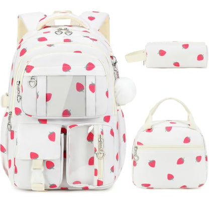 Backpack for Girls, Girls Backpack with Lunch Box & Pencil Case Set, 3PCS Kids Bookbag for Girl Teens, Waterproof School Backpack for Elementary Middle High School Students Ages 3-18 Strawberry - color: Strawberry Beige