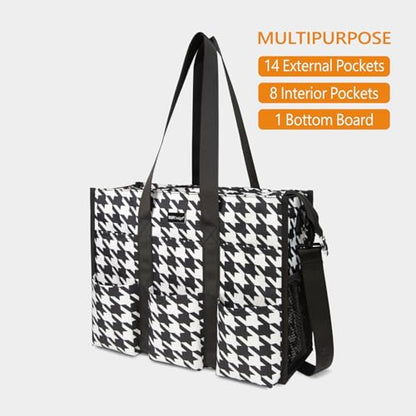TOPDesign Utility Water Resistant Tote Bag with 22 Pockets, Zipper Closure - color: Houndstooth, size: Large
