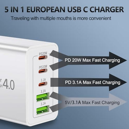 European Charger 5 Port USB C Charger Block, European Travel Plug Adapter