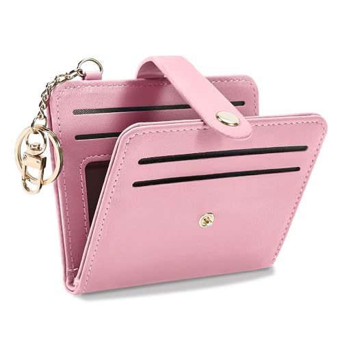 Airkit Small Wallet Women RFID, PU Leather Card Holder with Keychain - color: Pink