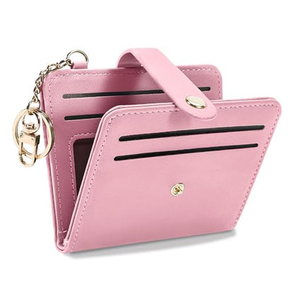 Airkit Small Wallet Women RFID, PU Leather Card Holder with Keychain - color: Pink