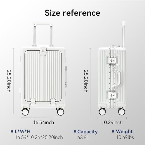 24 Inch Aluminum Frame Luggage with Front Pocket, White - color: White, size: 24 Inch