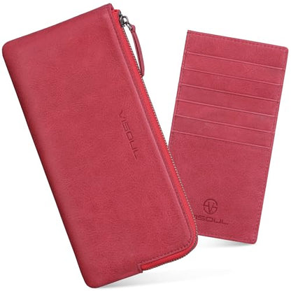 VISOUL Long Zipper Cash Wallet for Women with Removable Credit Card Holder, Soft Genuine Leather Clutch Wallet-Light Red - color: Light Red