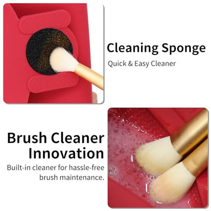 Travel Silicone Makeup Brush Holder with Cleaning Pad and Magnetic Closure - color: Red