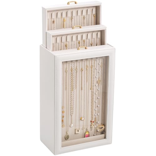 Lolalet Necklace Organizer Box, Jewelry Display Case, White, 3 Layers - color: White, size: 3 Layers, 30 Hooks