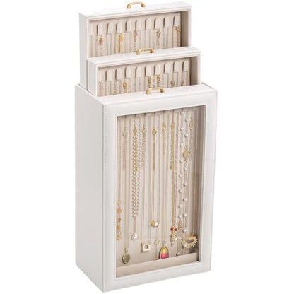 Lolalet Necklace Organizer Box, Jewelry Display Case, White, 3 Layers - color: White, size: 3 Layers, 30 Hooks