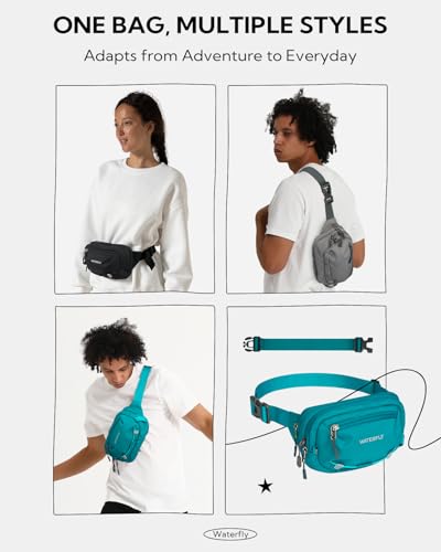 WATERFLY Small RFID Fanny Pack: 1.5L Waist Bag 12" Extender Belt for Hiking - color: Grey