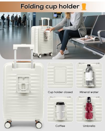 Joyway 20 Inch Carry On Luggage with Front Pocket and Cup Holder, White - color: Beige, size: 2 Piece Set (20 Inch + Bag)