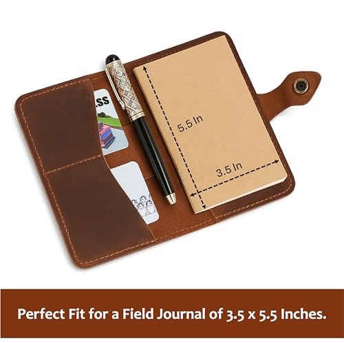 Genuine Leather Refillable Field Notes Cover 3.5 x 5.5" | Handmade Distressed Pocket Journal & Travel Diary Cover with Card Slots, Pen Loop & Passport Pocket Planner Case - color: Brown Field Journal Notebook