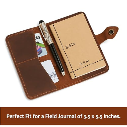 Genuine Leather Refillable Field Notes Cover 3.5 x 5.5" | Handmade Distressed Pocket Journal & Travel Diary Cover with Card Slots, Pen Loop & Passport Pocket Planner Case - color: Brown Field Journal Notebook