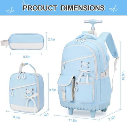 DIGOBAY Rolling Backpack for Girls with Lunch Bag & Pencil Case - color: Blue