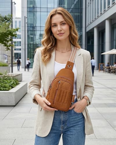 HomemeDiary Sling Bag Quilted Crossbody Bags for Women Cross Body Purse Puffer RFID Fanny Pack for Travel, Hiking, Daily - color: Dark Brown With Guitar Strap