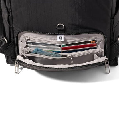 Securtex Anti-Theft Getaway Backpack - 9.4"x13"x5" Travel Safe Bag w/Locking Zippers, Slash-Resistant, RFID - color: Black