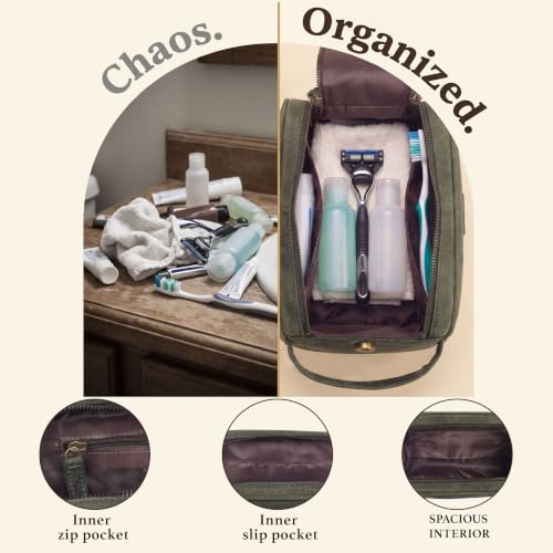 LEATHER VILLAGE Leather Toiletry Bag for Men, Travel Dopp Kit Shaving Bag - color: Olive