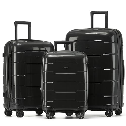 3-Piece Luggage Set Expandable Hardside Polypropylene Suitcase Set with TSA Locks & 8 Silent Spinner Wheels Lightweight Nested Suitcases Travel Set American Airline-Approved Carry-On - Black - color: Black, size: 3-Piece Set