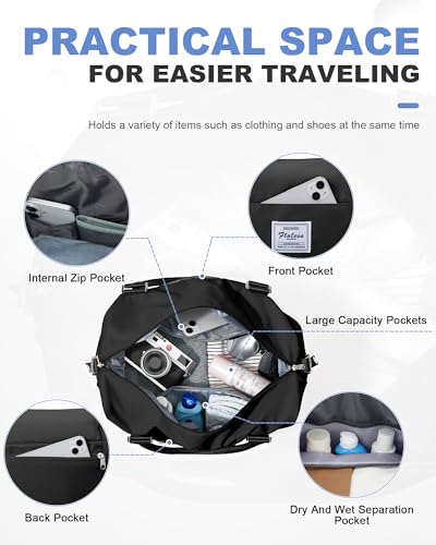 Travel Duffel Weekender Bag Women Tote Carry On Bags With Shoe Compartment - color: H-Black, size: Large