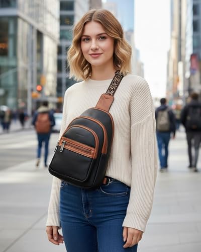 FADEON Sling Bag for Women, Designer Small Crossbody Bags, Adjustable Strap - color: Retro Black With Brown