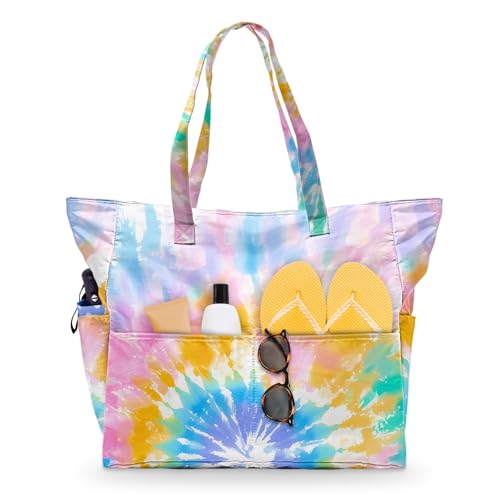 Large Beach Bag Waterproof Sandproof Beach Bags for Women Pool Tote Bags with Zipper Summer Swim Bag Foldable - color: Tie Dye