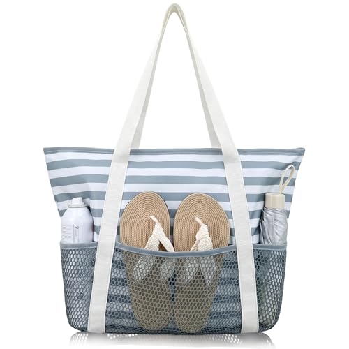 HOMESPON Beach Bag Large Waterproof Sandproof Tote for Women with Zipper and Mesh Pockets | 2 Sizes up to 41L, Wet-Dry Separation, Inner Security Pocket, Pool Cruise Yacht & Spa - color: Gray Stripe, size: Medium