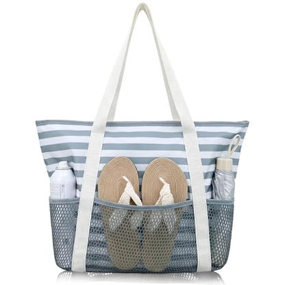 HOMESPON Beach Bag Large Waterproof Sandproof Tote for Women with Zipper and Mesh Pockets | 2 Sizes up to 41L, Wet-Dry Separation, Inner Security Pocket, Pool Cruise Yacht & Spa - color: Gray Stripe, size: Medium
