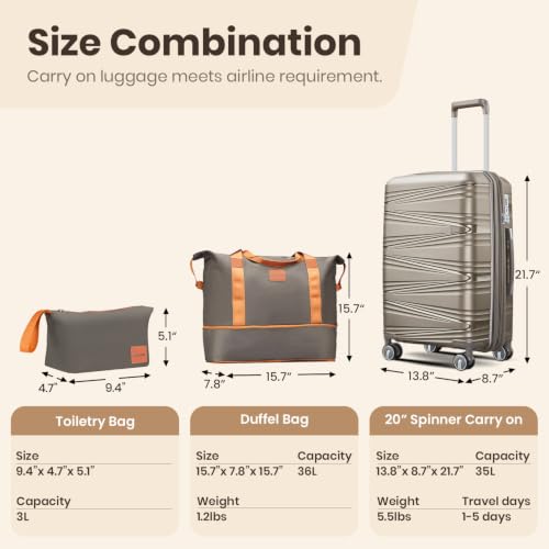 TRAVELEO Luggage Sets 6 Piece Expandable Suitcase (20/24/28), Cosmetic Case - color: Champagne, size: 6 Piece Set (14in/20in/24in/28in/DB/TB)