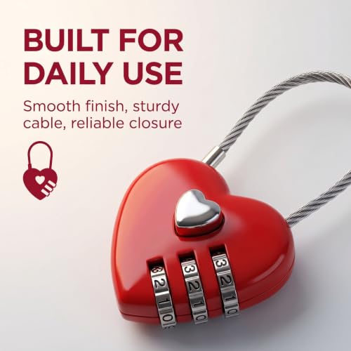 4Pcs Red Mini Love Heart Lock Heart Padlock, Mini Code Lock, Wire Rope 3-Digit Code Combination Padlock for Travel Bags/Suitcase/Lockers/Backpacks/Jewelry Boxes Combination Locks
