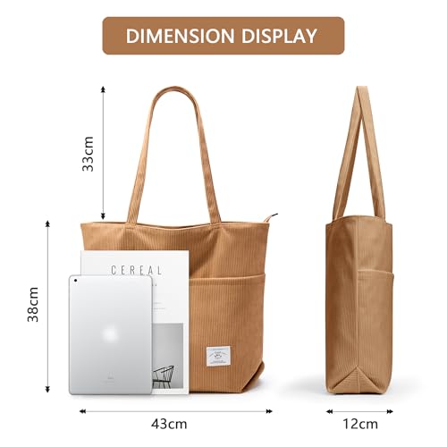 KALIDI Women Corduroy Tote Bag Zipper Casual Tote's Handbag Big Capacity Shoulder Bag with Pockets - color: D-brown