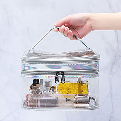 Clear Cosmetic Bag Dual Layer Travel Toiletry Bags Make up Organizer Waterproof Brushes Holder - color: Silver