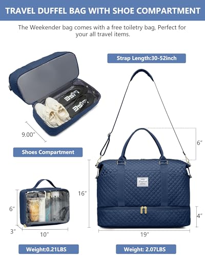 Travel Weekender Duffle Bag for Women: Overnight Bags with Shoe Compartment - color: 3-Blue, size: Large