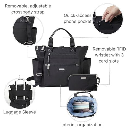 3-in-1 Convertible Backpack Tote Handbag - 15x12" Lightweight Travel Bag w/ RFID Phone Wristlet - color: Black