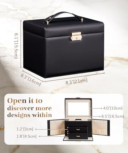 Homde Lockable Jewelry Box for Girl: 3-Layer Safe Organizer with Key - color: Black