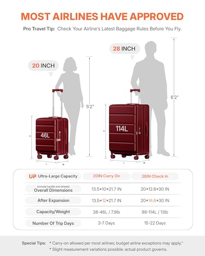 28 Inch Checked Luggage Side Opening Expandable Hardshell Suitcase, 100% PC Lightweight with Brake Spinner Wheels, TSA Lock - Large Travel Suitcase - color: Wine Red, size: 28 IN