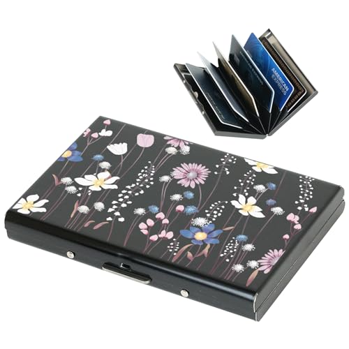 BONSYL® Metal Credit Card Holder Wallet, Ultra Thin RFID Blocking Credit Card Wallet with 6 Slots for Men and Women.(6 Card/Black/Flower) - color: 6 Card/Black/Flower