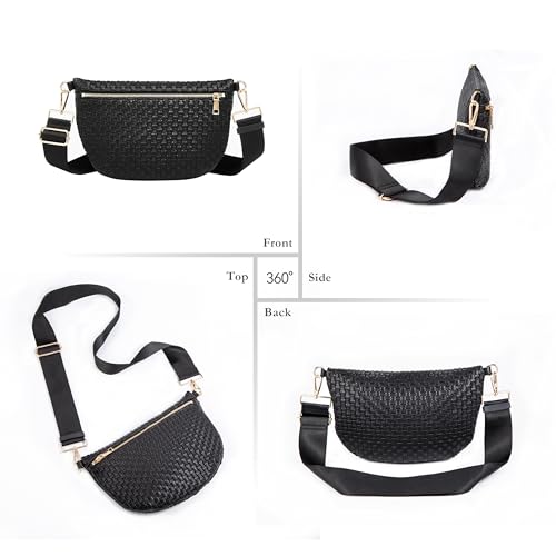 Woven Crossbody Bag for Women, Checkered PU Bum Bag Sling Purse with Adjustable Strap for Travel, Festivals - color: Black