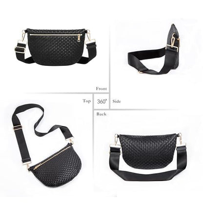 Woven Crossbody Bag for Women, Checkered PU Bum Bag Sling Purse with Adjustable Strap for Travel, Festivals - color: Black