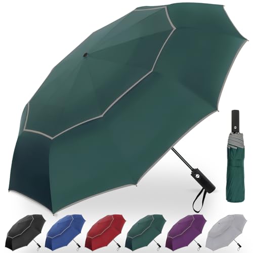 Satol Extra Large Golf Umbrella, 46/54/62 Inch Windproof 10 Ribs Vented Double Canopy Reflective Strips Automatic Open/Close Waterproof UV Protection Portable Compact Umbrella for Outdoor & Travel - color: Dark Green Round Handle, size: 62 Inch