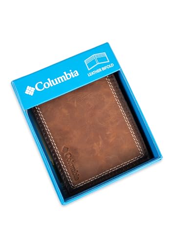 Columbia Mens RFID Slim Bifold Wallet With ID Window Brown Contrast Stitch - color: Brown Contrast Stitch