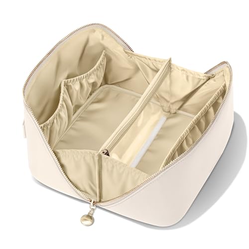 Travel Makeup Bag, Open Flat Cosmetic Bag for Women, Medium Beige - color: Beige, size: Medium