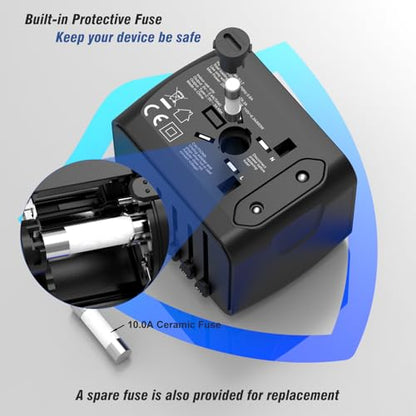 SAUNORCH Universal International Travel Power Adapter, AC Outlet | High Speed 2.4A USB & 3.0A Type-C Charger for Europe UK US AU Asia, Black